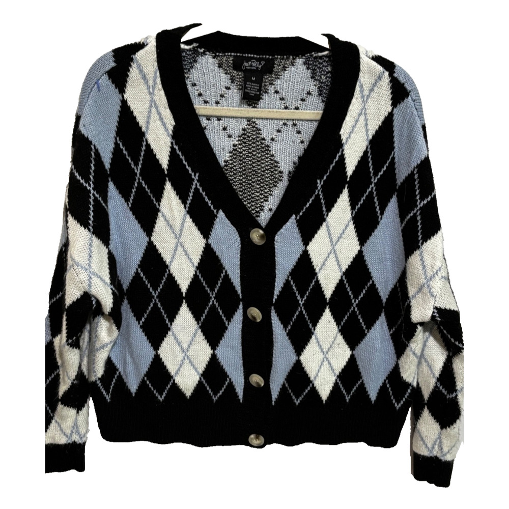 Just Polly V-Neck Argyle Cardigan Sweater Blue Button Front Academia school girl